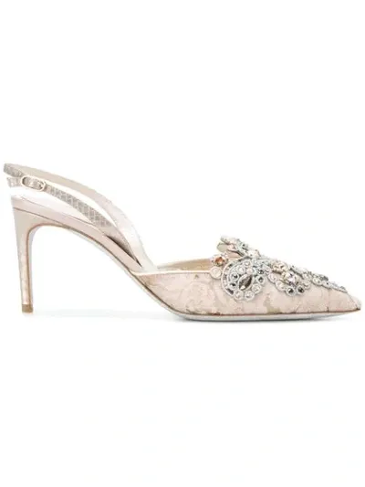 René Caovilla Veneziana Embellished Lace And Satin Slingback Pumps In Beige