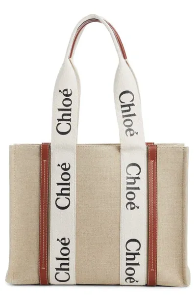 Chloé Medium Woody Linen Tote In White