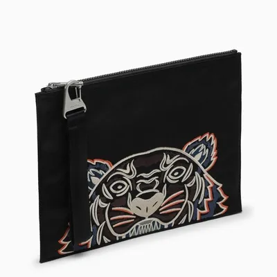 Kenzo Black Nylon Envelope With Tiger Embroidery