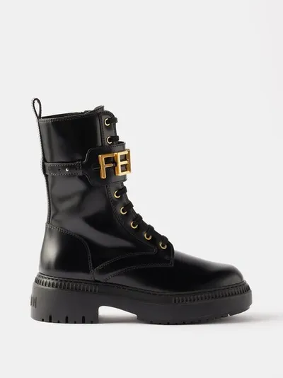 Fendi Logo Leather Lug-sole Combat Boots In Nero