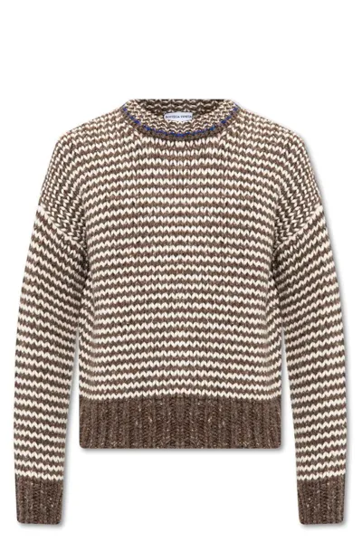 Bottega Veneta Striped Wool Crewneck Sweater In Milk Weed White