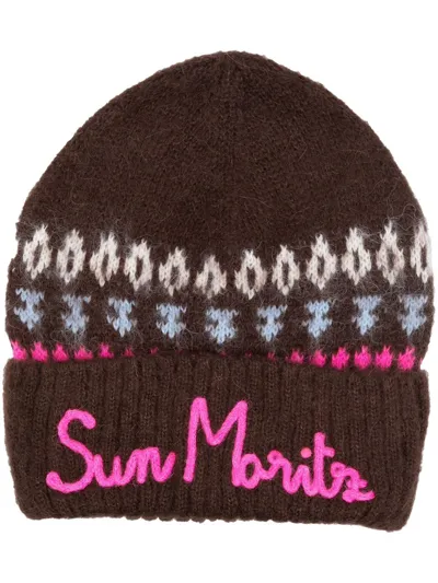 Mc2 Saint Barth Embroidered Slogan Printed Beanie In Brown Fuxia