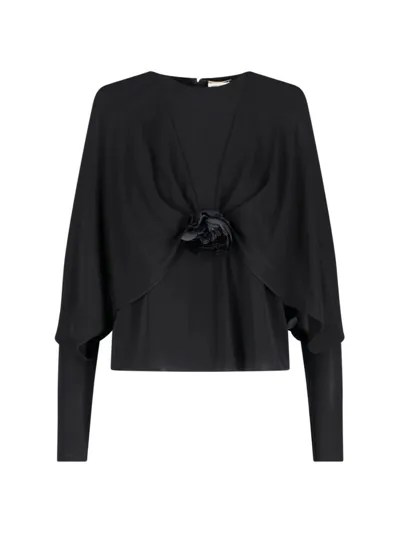 Saint Laurent Flower Detail Crepe Jersey Top In Noir