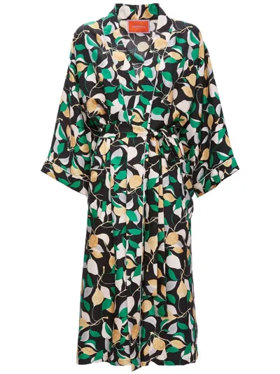 La Doublej Leaf Print Silk Robe In Orchard