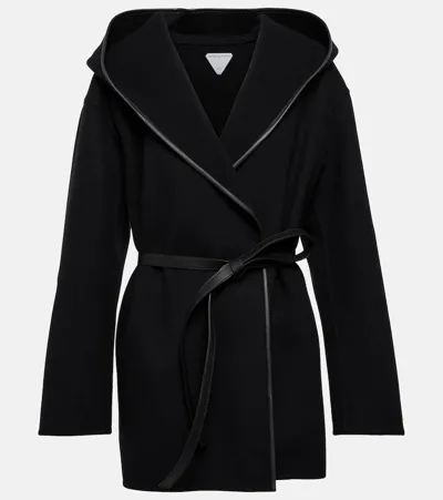 Bottega Veneta Leather-trim Hooded Wool-blend Wrap Coat In Black