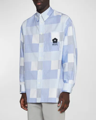 Kenzo Men's Logo-embroidered Patchwork Oversized Sport Shirt In Light Blue