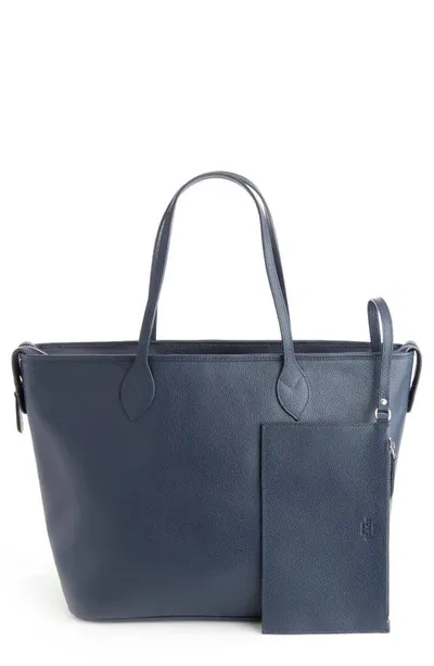 Royce New York Personalized Leather Tote With Wristlet In Navy Blue - Deboss