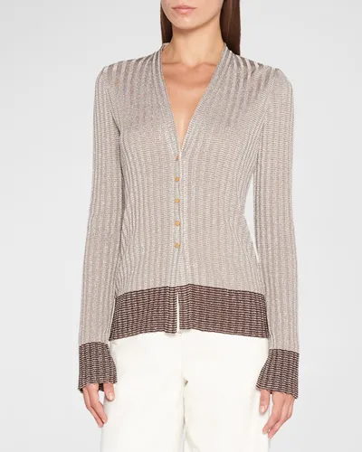 Giorgio Armani Metallic Stripe Ribbed Snap-front Cardigan In Multi