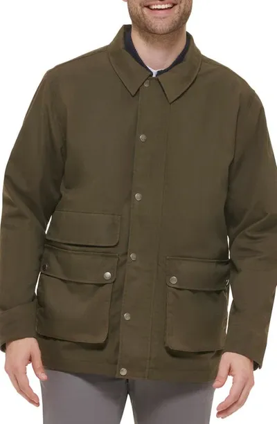 Cole Haan Waxed Cotton Rain Shirt Jacket In Olive