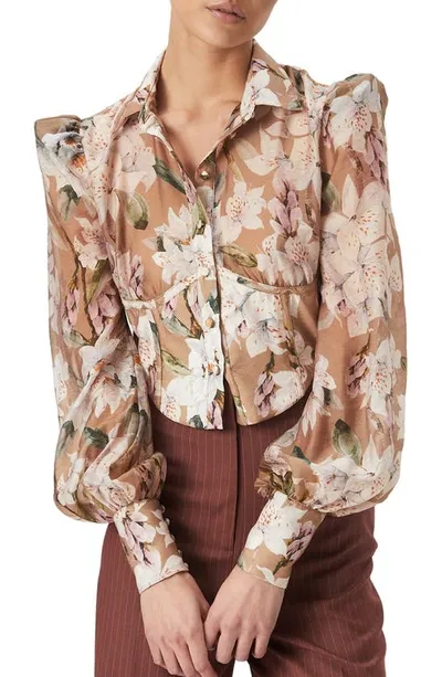 Bardot Valentina Balloon Sleeve Corset Crop Blouse In Lily Floral