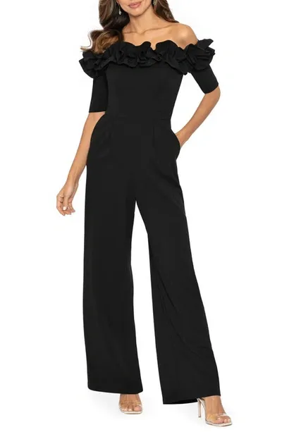 Xscape Ruched Ruffle Scuba Crepe Jumpsuit In Black