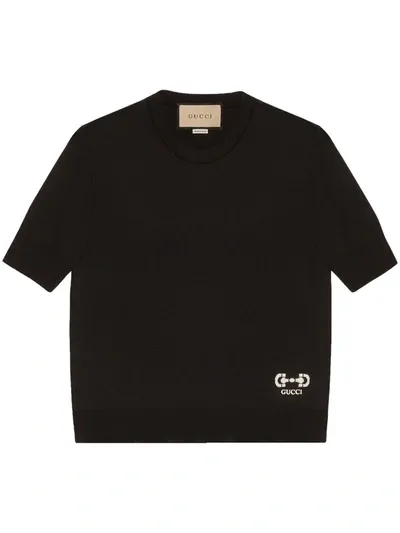 Gucci Fine Wool Top With Horsebit Intarsia In Black