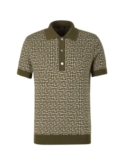 Balmain Monogram Jacquard Merino Wool Blend Polo In Ivory