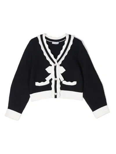 Self-portrait Kids' Girls Navy Blue & White Wool Cardigan