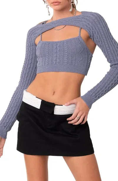 Edikted Cable Stitch Two-piece Crop Camisole & Shrug Sweater In Blue