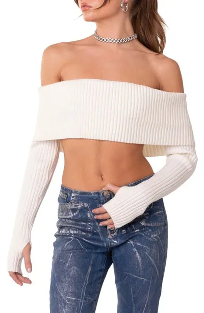 Edikted Astrea Foldover Off The Shoulder Crop Sweater In Cream