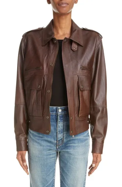 Saint Laurent Oversized Leather Jacket In Brun Fauve