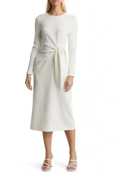 Nordstrom Tie Waist Long Sleeve Knit Midi Dress In Ivory Cloud