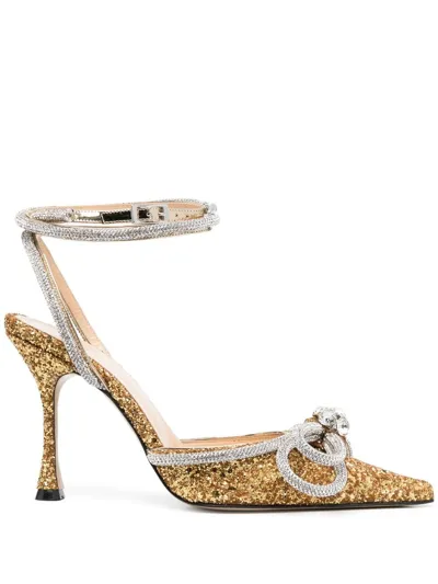 Mach & Mach Double Bow Crystal-embellished Glittered Leather Pumps In Gold