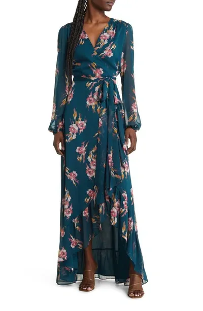 Wayf The Meryl Floral Long Sleeve Wrap Gown In Deep Teal Floral