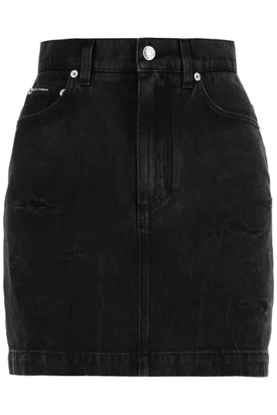 Dolce & Gabbana Worn-out Effect Denim Mini Skirt In Grey,black