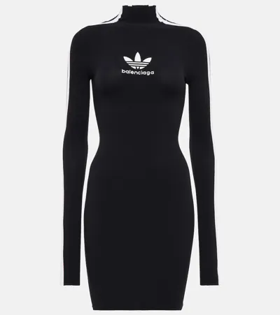 Balenciaga X Adidas Three-stripe Rib-knit Mini Dress In Black