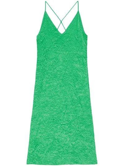 Ganni Crinkled Satin Slip Dress In Green