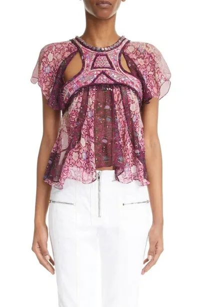 Isabel Marant Orna Printed Short Sleeve Embellished Top In Fuchsia