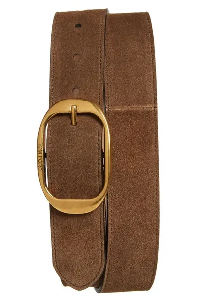 Tom Ford Oval Buckle Suede Belt In Tobacco