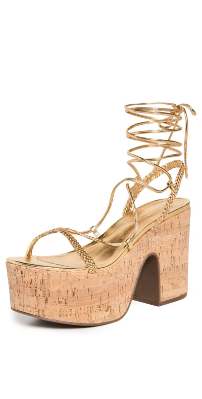 Schutz Women's Maxima Lace Up Ankle Tie Platform Sandals In Ouro Claro