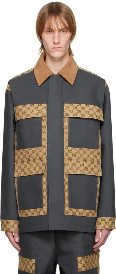 Gucci Cotton Canvas And Gg Supreme Jacket In Dark Grey,beige