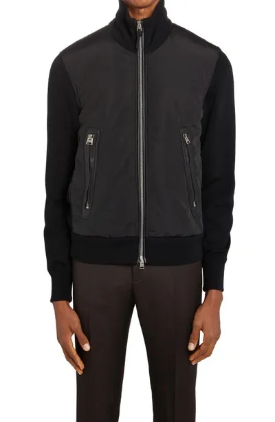 Tom Ford Mixed Media Funnel Neck Zip Sweater In Black