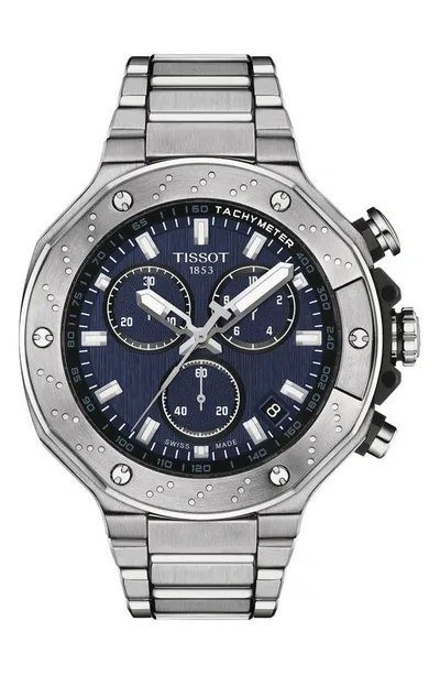 Tissot Men's Swiss Chronograph T-race Stainless Steel Bracelet Watch 45mm In Blue