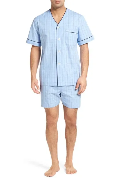 Majestic Cotton Short Pajamas In Light Blue Check