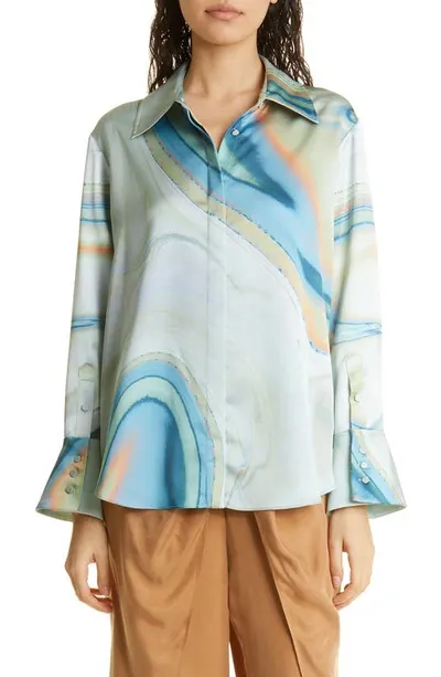 Simkhai Elika Marble Print Satin Button-up Shirt In Grün