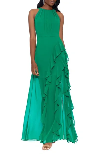 Betsy & Adam Ruffle Chiffon Gown In Emerald