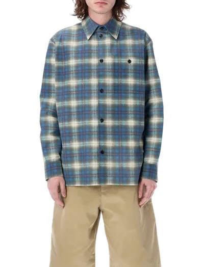 Bottega Veneta Plaid Flannel Print Leather Shirt Jacket In Multi Light Blue