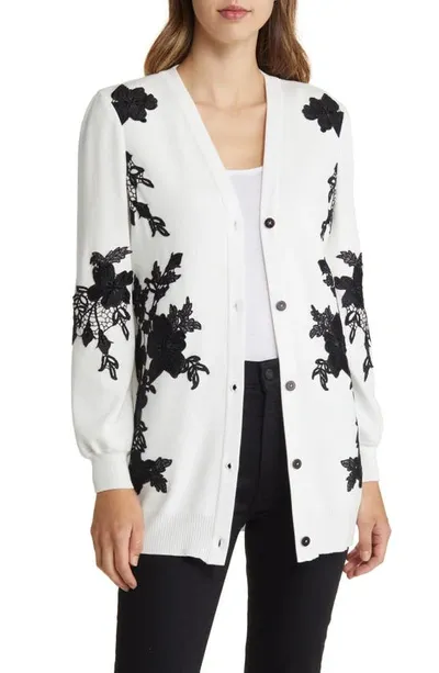 Misook Floral Applique Recycled Knit Boyfriend Cardigan In Black White