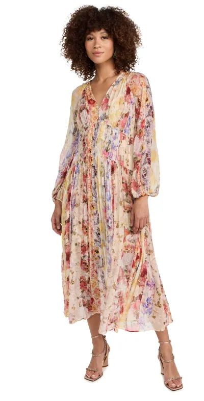 Zimmermann Wonderland Floral Pleated Midi Dress In Spliced Stripe Floral