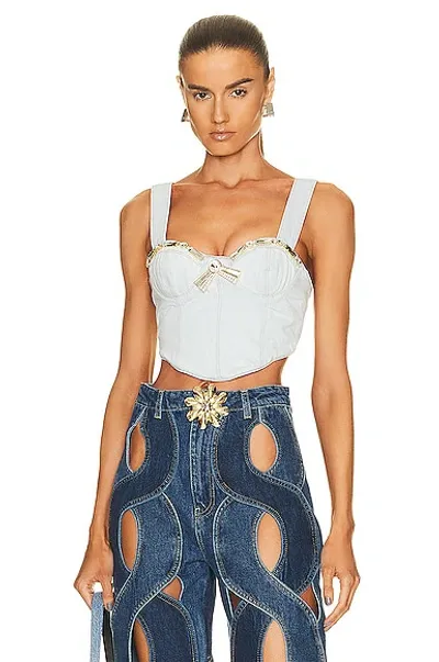 Area Crystal Trim Denim Bustier Top In Pale Blue