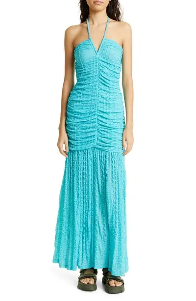 Ganni Women's Ruched Stretch Lace Halter Maxi Dress In Blue Curacao