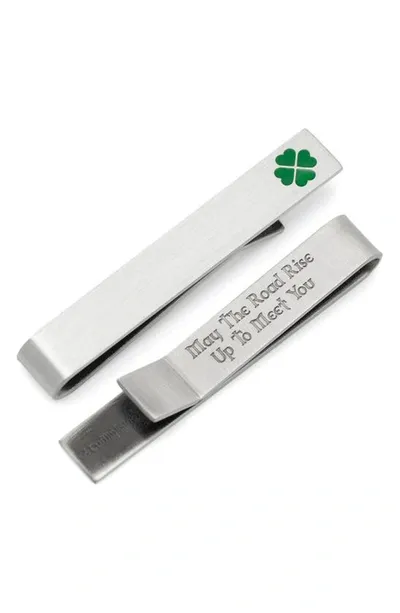 Cufflinks, Inc . Shamrock & Message Tie Bar In Silver