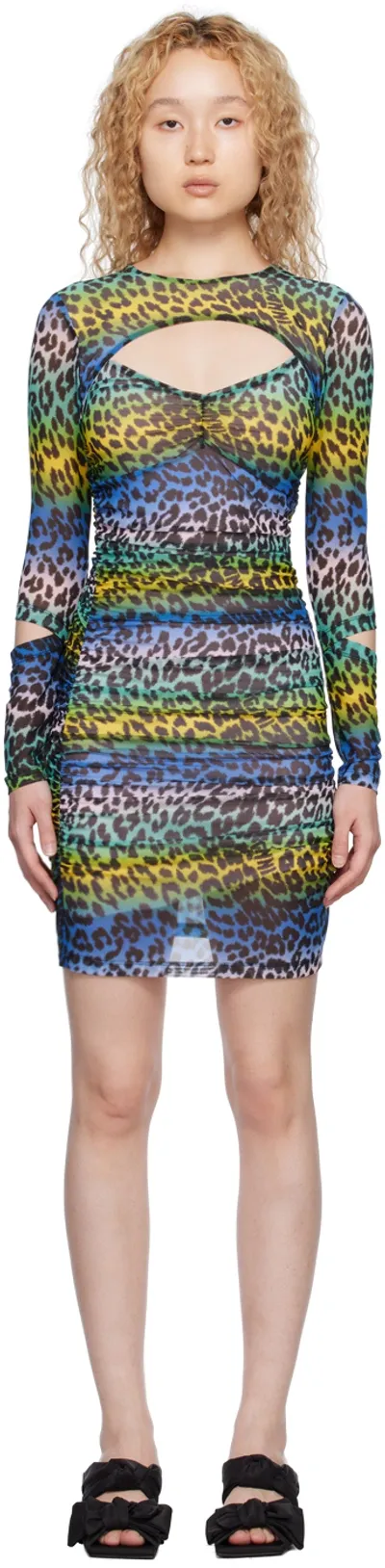 Ganni Stretch Leopard Mini Dress In Multicolor