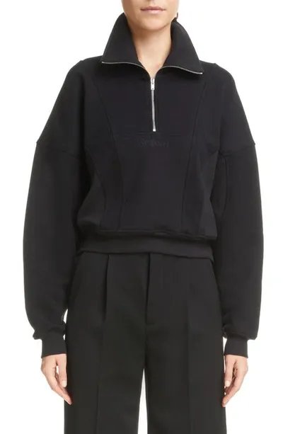 Saint Laurent Embroidered Logo Half Zip Soft Fleece Sweatshirt In Black