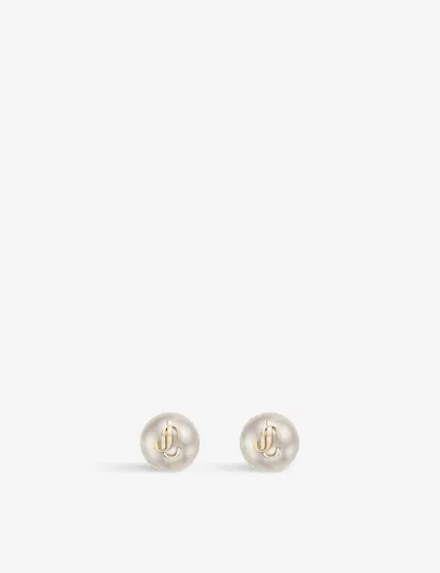 Jimmy Choo Debossed-logo Pearl Earrings In Gold/white