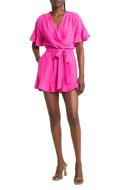 Fraiche By J Surplice Flutter Sleeve Romper In Pink