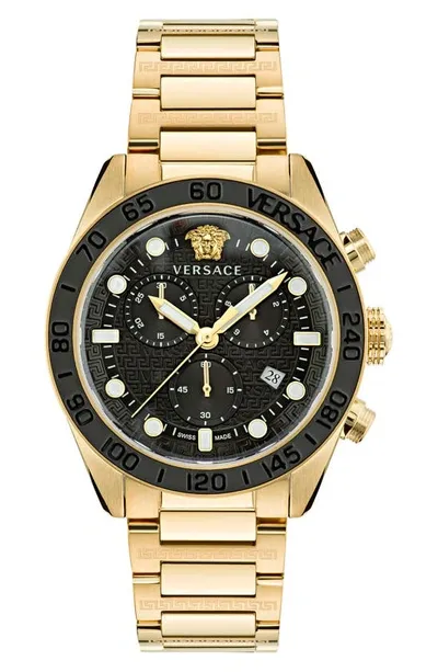 Versace Men's Swiss Chronograph Greca Dome Gold Ion Plated Bracelet Watch 43mm In Gold Black