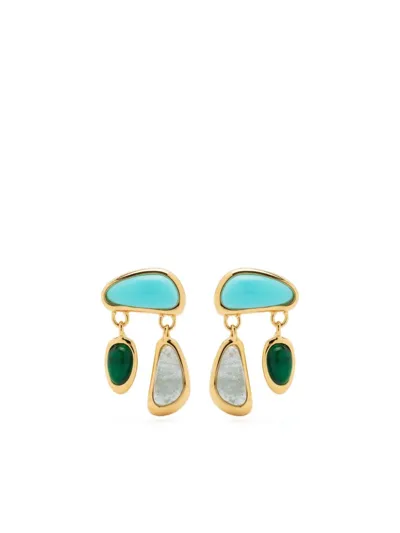 Missoma Molten Gemstone Floating Charm Stud Earrings 18ct Gold Plated/chalcedony & Turquoise & Aquamarine