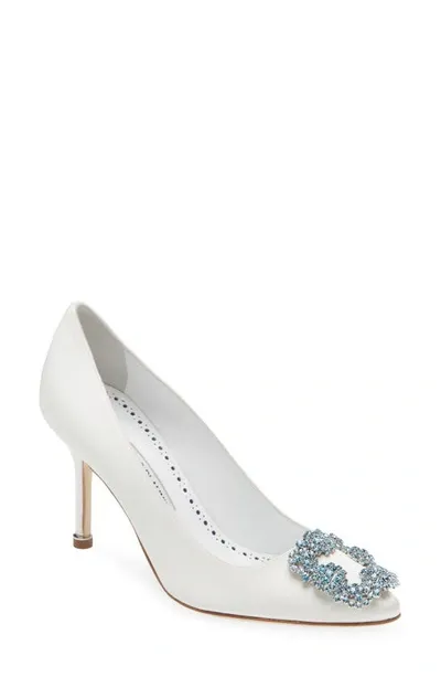 Manolo Blahnik Hangisi Blue Buckle Pump In White