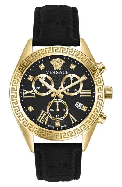 Versace Women's Greca Chrono 40mm Ip Yellow Gold Stainless Steel & Leather Strap Chronograph Watch In Black Gold